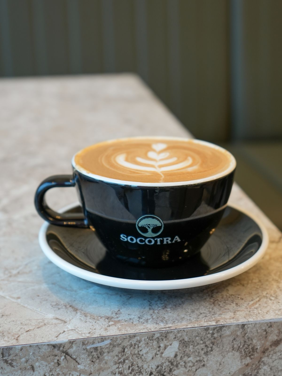 A cappuccino served in a SOCOTRA cup